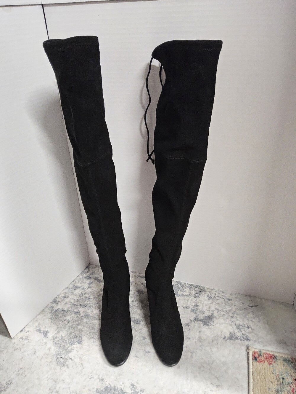 Customer Return Size 7 Stuart Weitzman Black Over-the-Knee Heeled Boots - Picture 2 of 9